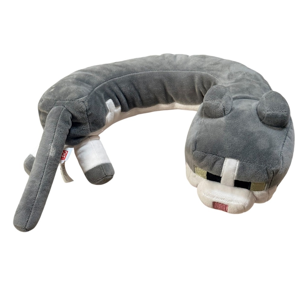 Minecraft Mojang Gray Tabby Cat Plush Travel Neck Pillow Gray White Gamer Gift